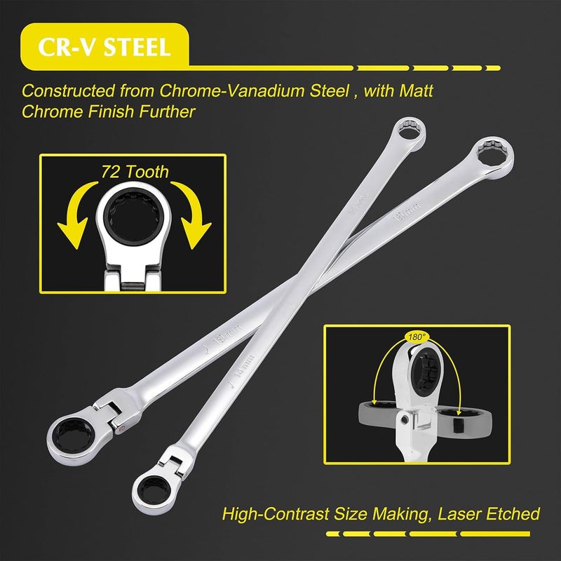 EMENTOL 27PCS Extra Long Flex Head Ratcheting Wrench Set, CR-V, Double Box End Ratchet Wrench Set with 8mm - 22mm, E8 - E22, 1/4", 3/8", 1/2" Socket Adapters Replacement Heads - Image 3